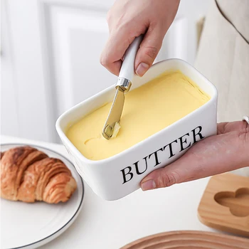 Ceramic Butter Sealing Box Nordic Butter Plate With Wood Lid And Knife Cheese Storage Tray Butter Dish Kitchen Storage Container