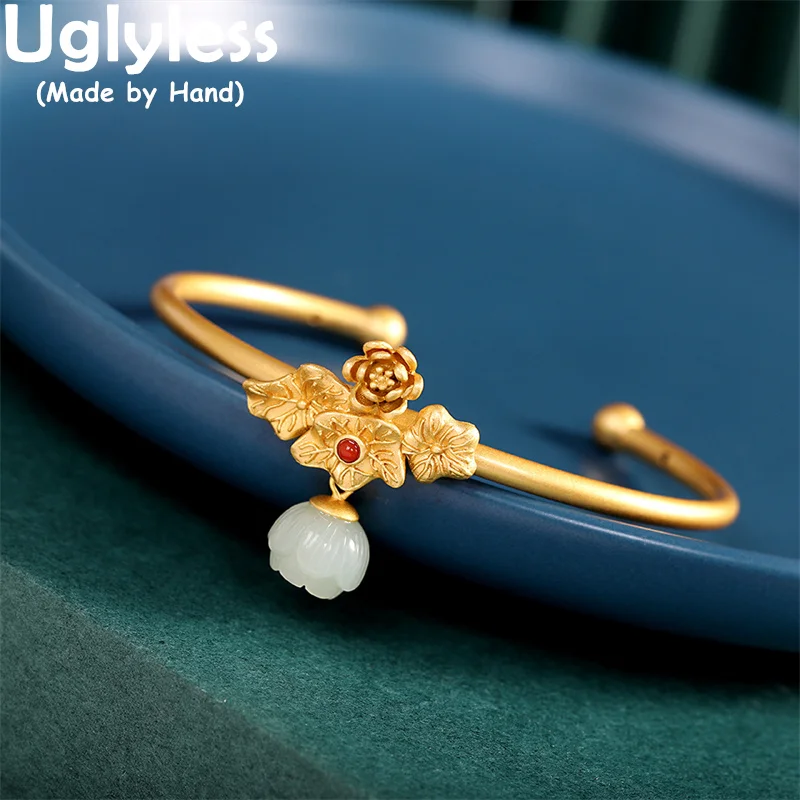 

Uglyless Gold Lotus Flowers Bangles for Women Nature Jade Lotus Jewelry Real 925 Sterling Silver Cuff Bracelets Gemstones Bijoux