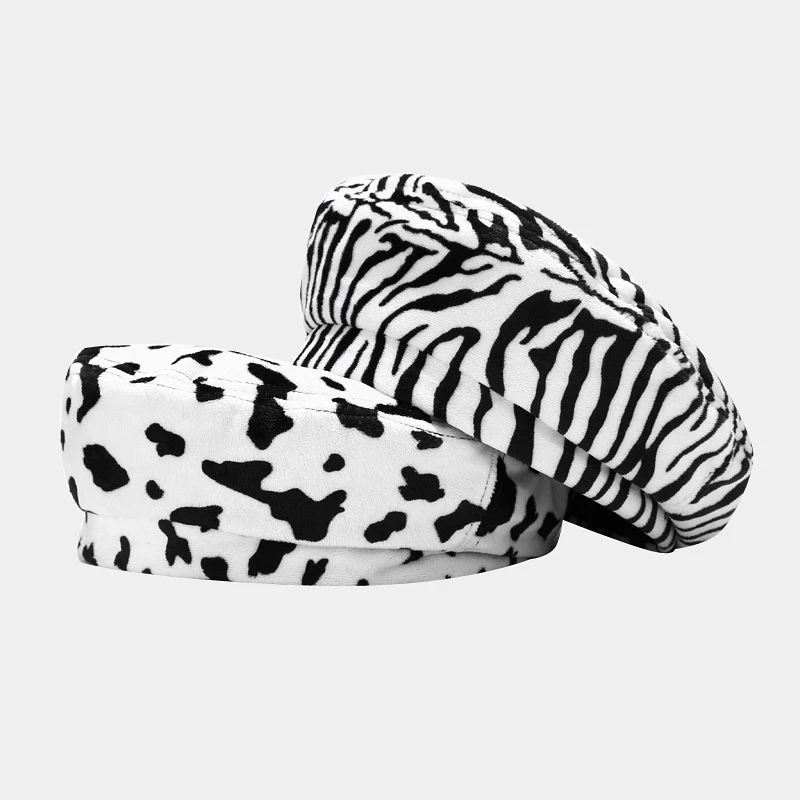 

Cow Zebra Pattern Print Beret Bone Women's Autumn Winter Hat Female Kpop Streetwear Beanie Hip Hop Caps Men Painter Mushroom Hat
