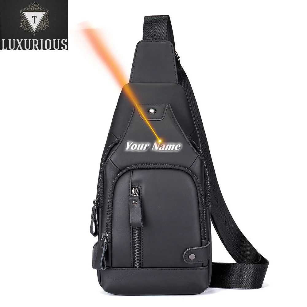 

Charging USB Chest Bag Cowhide Leather Anti-theft Shoulder Sling Adjustable Strap Hasp Travel Side Bags Business