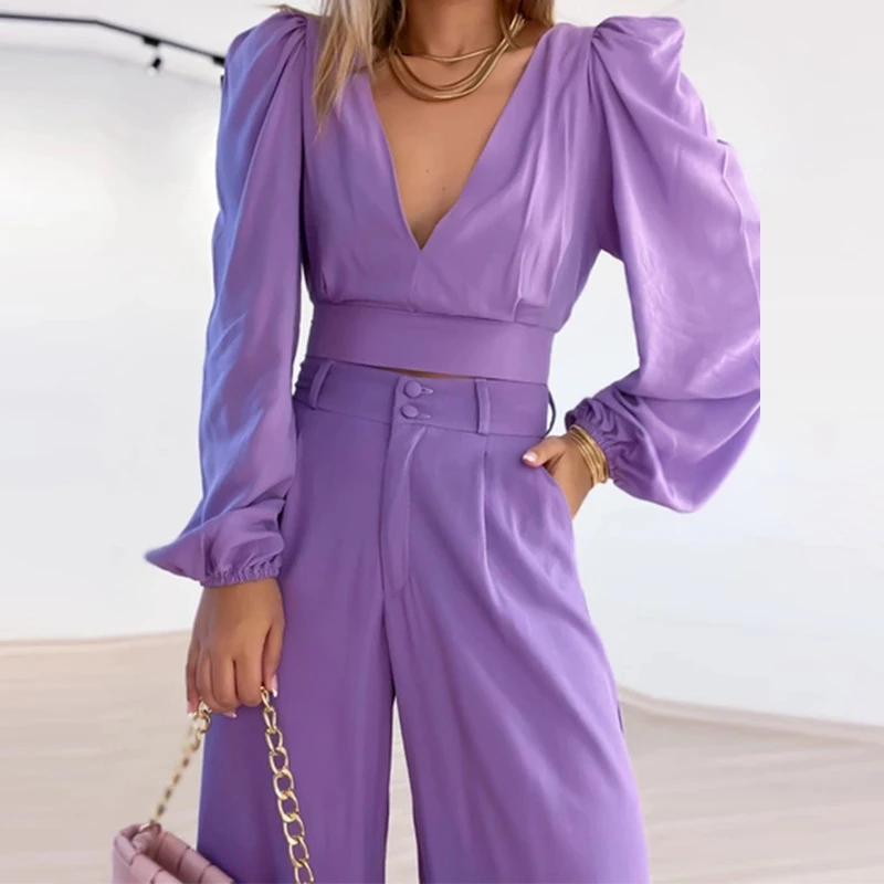 New V-neck Lantern Sleeve Top+High Waist Wide Leg Pant Office Two Piece 2022 Temperament Women Suit Fall Elegant Solid Party Set
New V-neck Lantern Sleeve Top+High Waist Wide Leg Pant Office Two Piece 2022 Temperament Women Suit Fall Elegant Solid Party Set