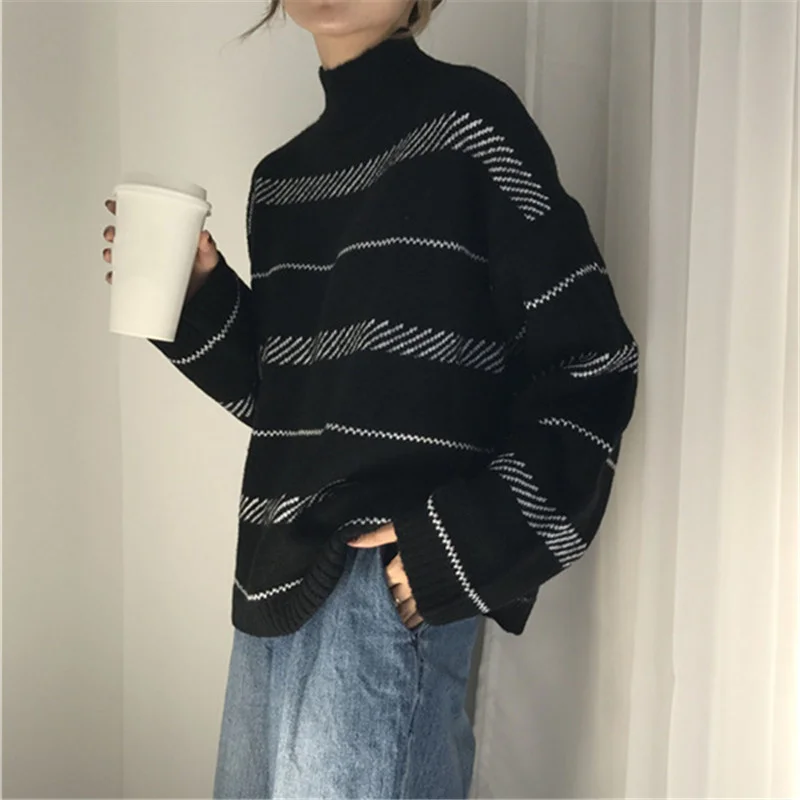 Lazy style sweater women loose outer wear 2022 autumn and winter Korean version Japanese half high neck striped pull
Lazy style sweater women loose outer wear 2022 autumn and winter Korean version Japanese half high neck striped pull