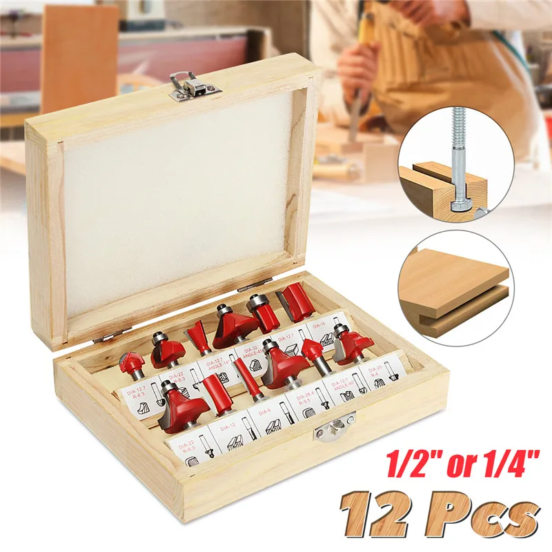 12Pcs/Set Woodworking Router Bit Cutter 1/2 Inch or 1/4 Inch Shank Tungsten Carbide Rotary Tool Set Wood Carving Milling Cutter
12Pcs/Set Woodworking Router Bit Cutter 1/2 Inch or 1/4 Inch Shank Tungsten Carbide Rotary Tool Set Wood Carving Milling Cutter