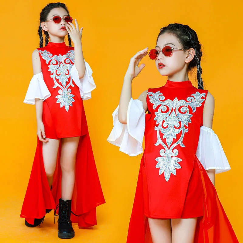 

Costume Children's TV Online Red Dance Suit Chinese Style Jazz Dance Costume Girls' Performance Costume stage dress