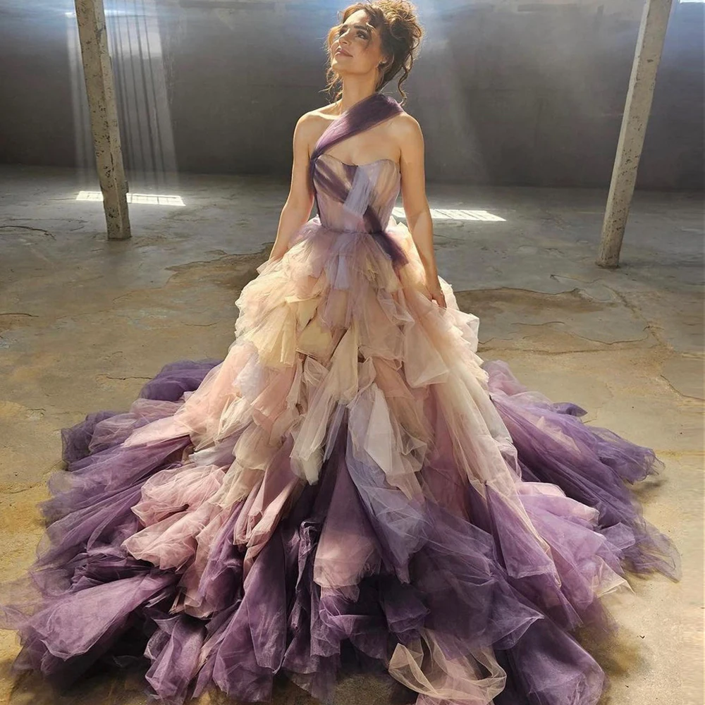 

One Shoulder Colorful Purple Tulle Ball Gown Ruffled Layered Evening Dresses With Train Custom Made Ever Pretty Fluffy Dress