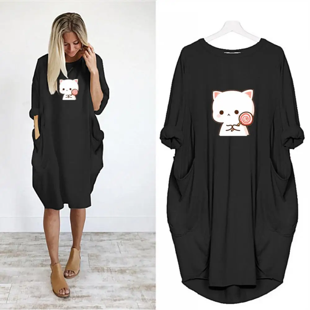 Summer Dress Women Kawaii Cartoon Print Midi Dresses Long Sleeves Big Pocket O Neck Knee Length Dress Loose Beach Women Clothies
Summer Dress Women Kawaii Cartoon Print Midi Dresses Long Sleeves Big Pocket O Neck Knee Length Dress Loose Beach Women Clothies