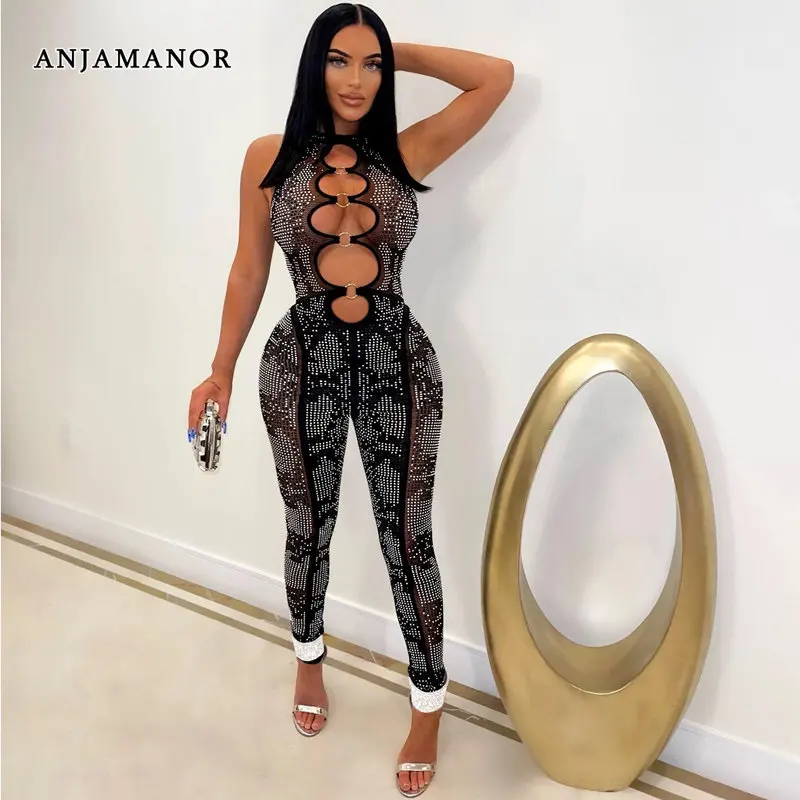 

ANJAMANOR Embellished Rhinestone Sheer Mesh Bodycon Jumpsuits Sexy Party Night Club Wear Birthday Outfits for Women D42-FI45