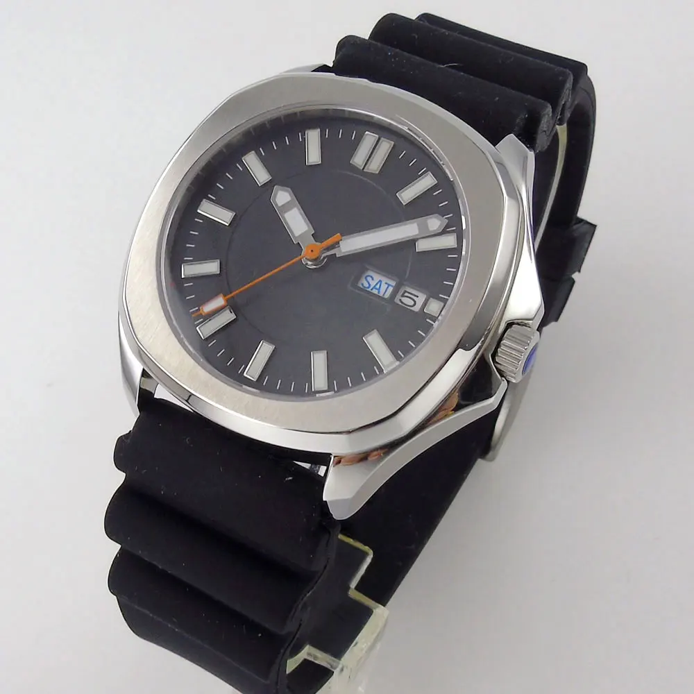 24 Jewels NH36A Movement 39mm Square Men Watch Black Dial Flat Sapphire Crystal Weekday Date Green lume Hand 
24 Jewels NH36A Movement 39mm Square Men Watch Black Dial Flat Sapphire Crystal Weekday Date Green lume Hand