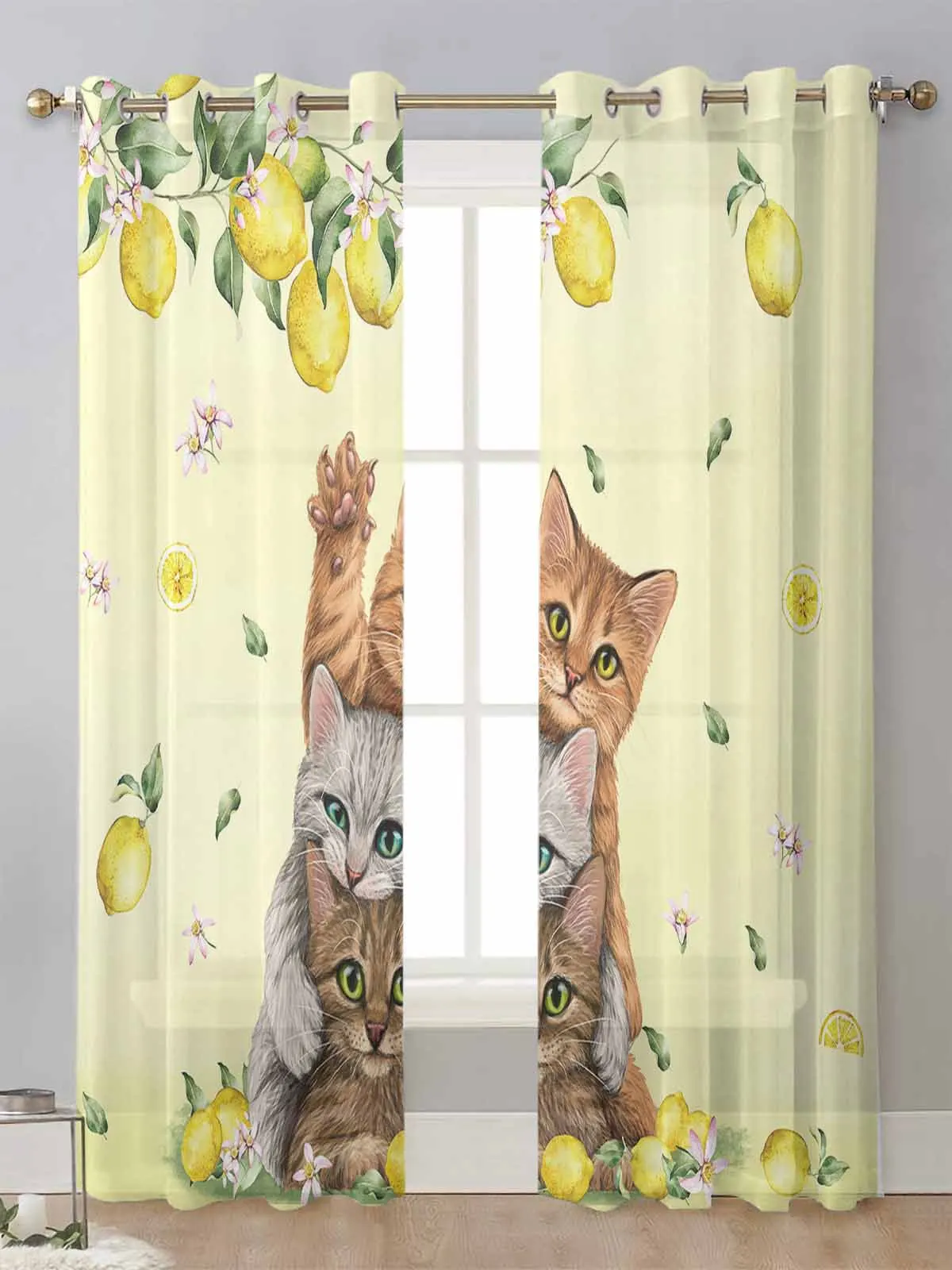 

Summer Fruit Lemon Cat Sheer Curtains For Living Room Window Transparent Voile Tulle Curtain Cortinas Drapes Home Decor