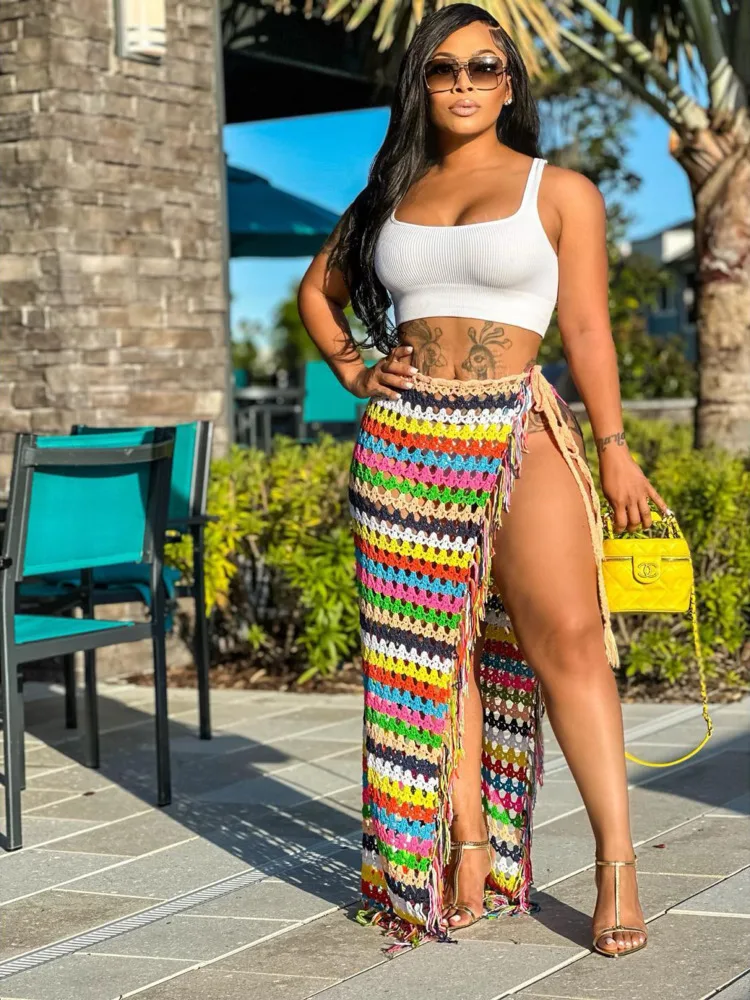 Women Beach Holiday Rainbow Striped Knit Ribbed Bowknot Waist High Side Slit Tassel Hem Maxi Long Straight Skirt 2023
Women Beach Holiday Rainbow Striped Knit Ribbed Bowknot Waist High Side Slit Tassel Hem Maxi Long Straight Skirt 2023