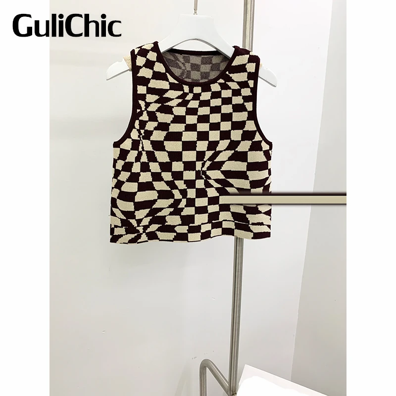3.4 GuliChic Round Neck Sleeveless Checkerboard Knitted Short Vintage Casual Tank Top Women
3.4 GuliChic Round Neck Sleeveless Checkerboard Knitted Short Vintage Casual Tank Top Women