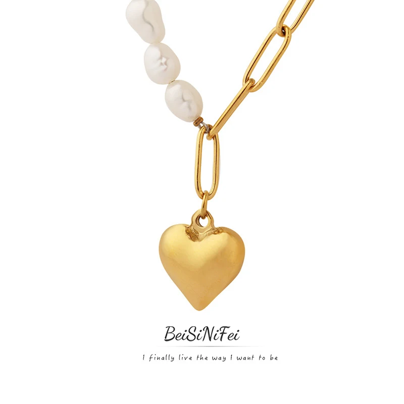 

European and American cold ins wind niche design sense Baroque freshwater pearl peach heart chain necklace collarbone chain