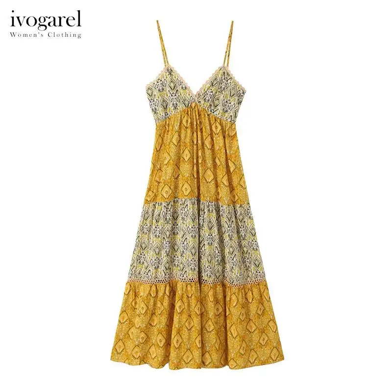 

Ivogarel Elegant Boho Panelled Printed Dress Traf Women's Chic Summer Midi Dress with V-Neck Thin Straps Asymmetric Hem