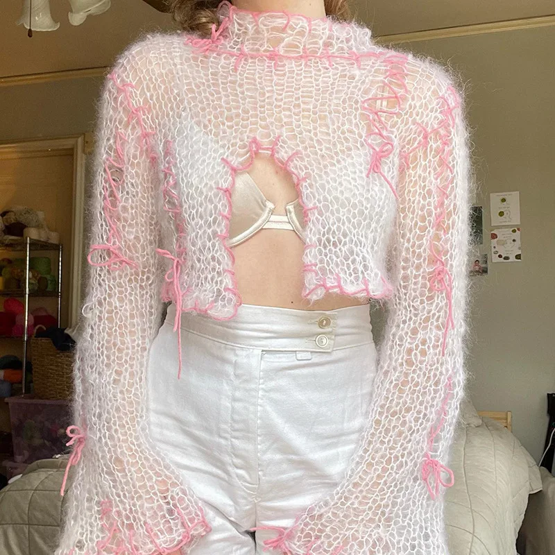 Y2k Kawaii ажурный тонкий вязаный свитер белые топы для женщин асимметричный подол расклешенный длинный рукав короткий пуловер сексуальная женская одежда
Y2k Kawaii ажурный тонкий вязаный свитер белые топы для женщин асимметричный подол расклешенный длинный рукав короткий пуловер сексуальная женская одежда
