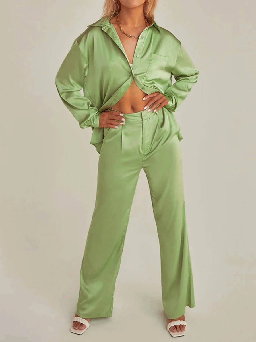 Women Satin 2 Piece Sets Long Sleeve Blouse Tops And Split Wide Leg Pant Suit 2022 Female Fashion Casual Loose Homewear Outfit
Women Satin 2 Piece Sets Long Sleeve Blouse Tops And Split Wide Leg Pant Suit 2022 Female Fashion Casual Loose Homewear Outfit