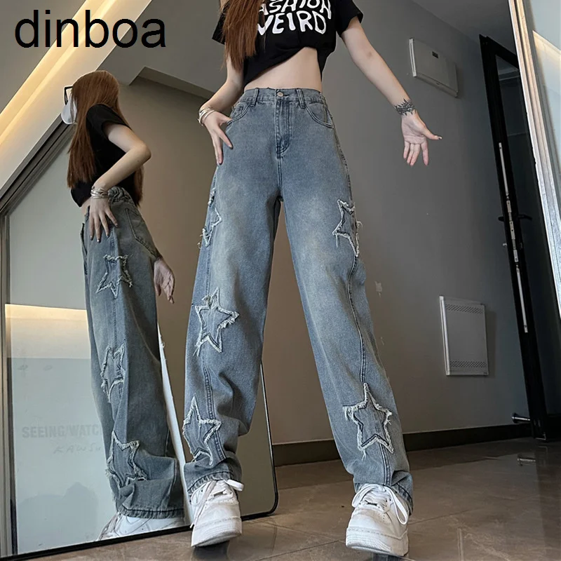 Dinboa Blue Star Embroidered Jeans for Women New Loose Straight Wide Leg Denim Long Trouser
Dinboa Blue Star Embroidered Jeans for Women New Loose Straight Wide Leg Denim Long Trouser