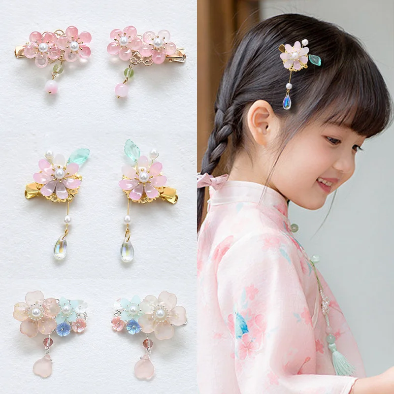 

2PCS Princess Chinese Style Tassels Pear Blossom Girls Hairpins Children Headwear Lovely Hair Clips Barrettes Accessories