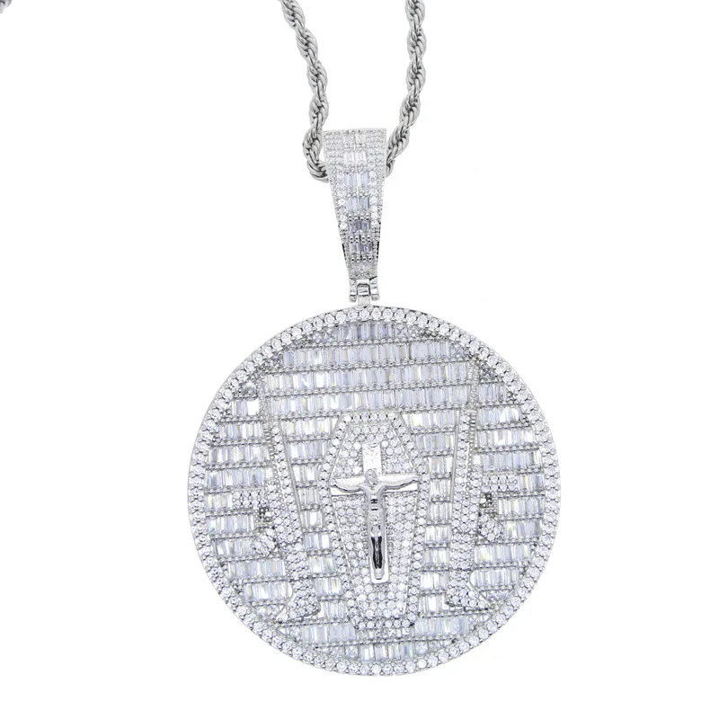 

2023 New Gun Jesus Pendant Necklace Iced Out Bling Gold Silver Plated Rectangle CZ Cross Round Charm Men Hip Hop Jewelry