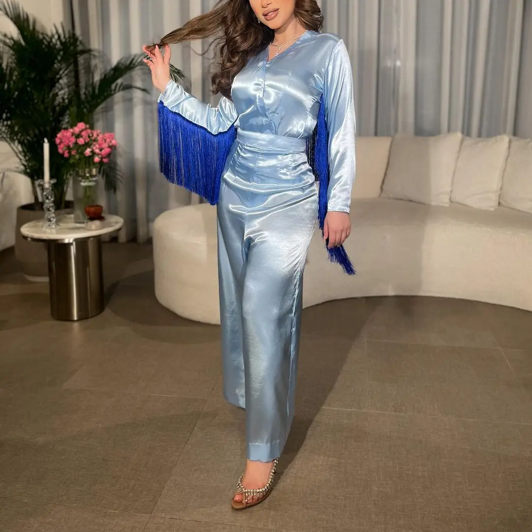 2023 Bright Sky Blue V-neck Tassel Prom Dress Satin Full Sleeve Ankle Length Waist Belt Saudi Arabia Evening Party فستان سهرة نس
2023 Bright Sky Blue V-neck Tassel Prom Dress Satin Full Sleeve Ankle Length Waist Belt Saudi Arabia Evening Party فستان سهرة نس