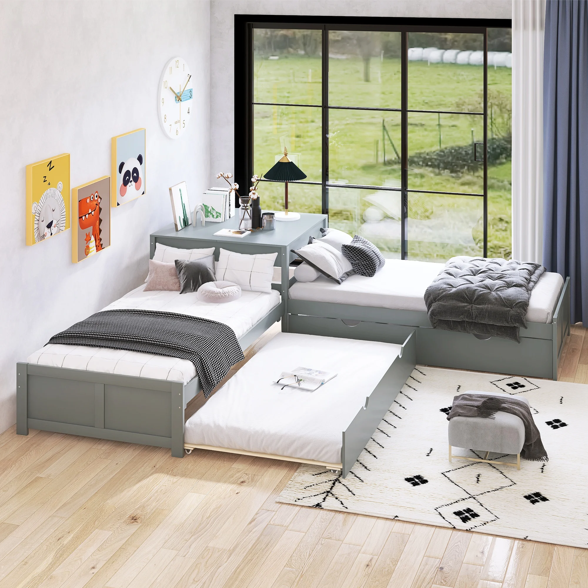 Home Furniture Wooden Bedroom Beds Frames Bases Twin Size L-shaped Platform Bed With Two Trundles And Built-in Square Table Gray
Home Furniture Wooden Bedroom Beds Frames Bases Twin Size L-shaped Platform Bed With Two Trundles And Built-in Square Table Gray