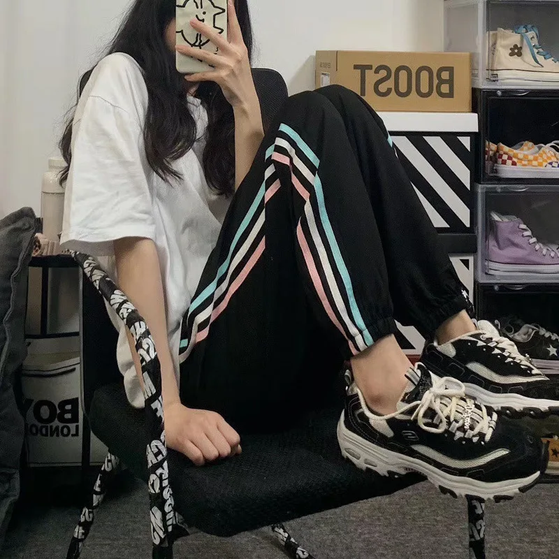 Женские спортивные штаны с высокой талией, спортивные штаны в стиле хип-хоп, корейская мода, штаны оверсайз, джоггеры, Женские Широкие штаны, штаны Y2k
