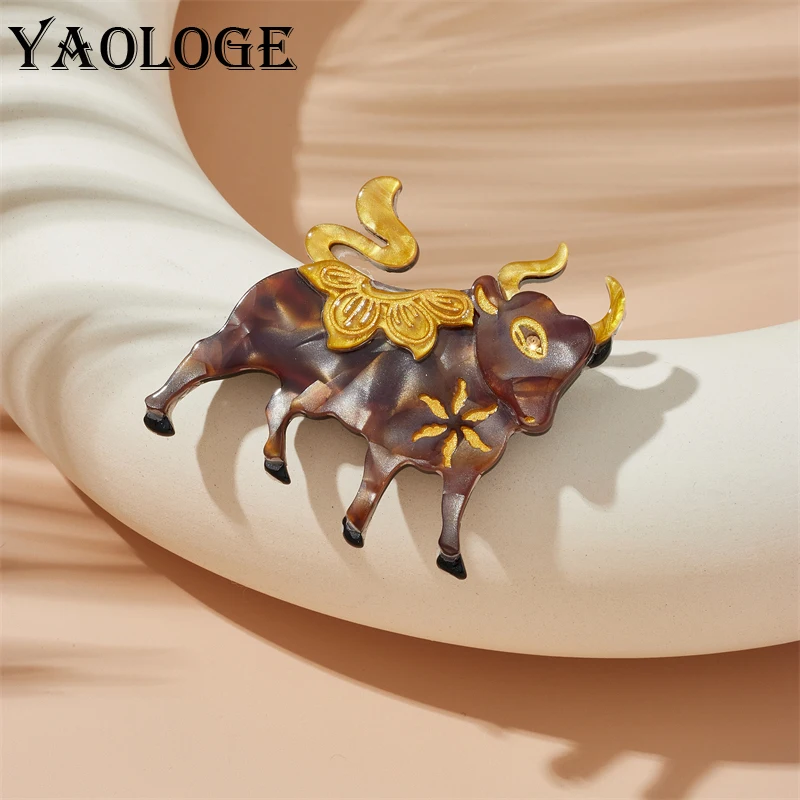 

YAOLOGE Acrylic Gold Color Bull Cow Brooches For Unisex Kids New Trend Animal Badge Brooch Pins Handmade Jewelry Birthday Gift