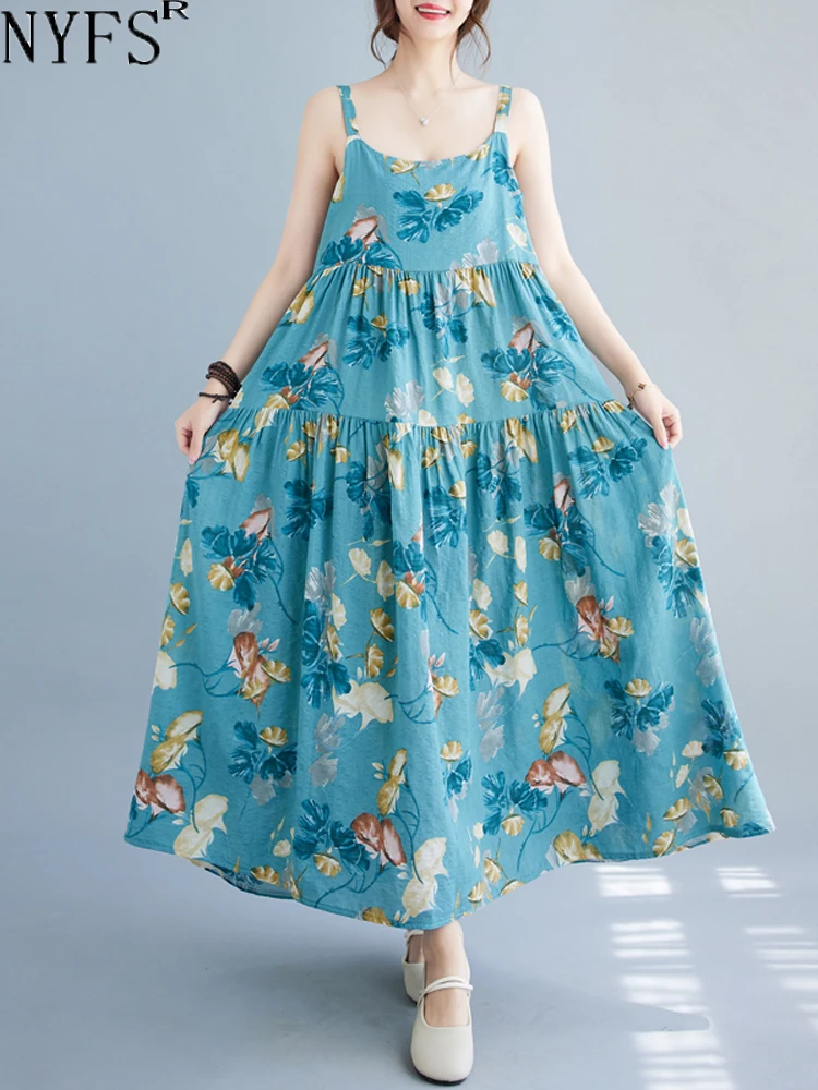 

NYFS 2023 Summer New Korea Woman Dress Vestidos Robe Elbise Loose Plus Size Simple Floral Print Suspenders Long Dress