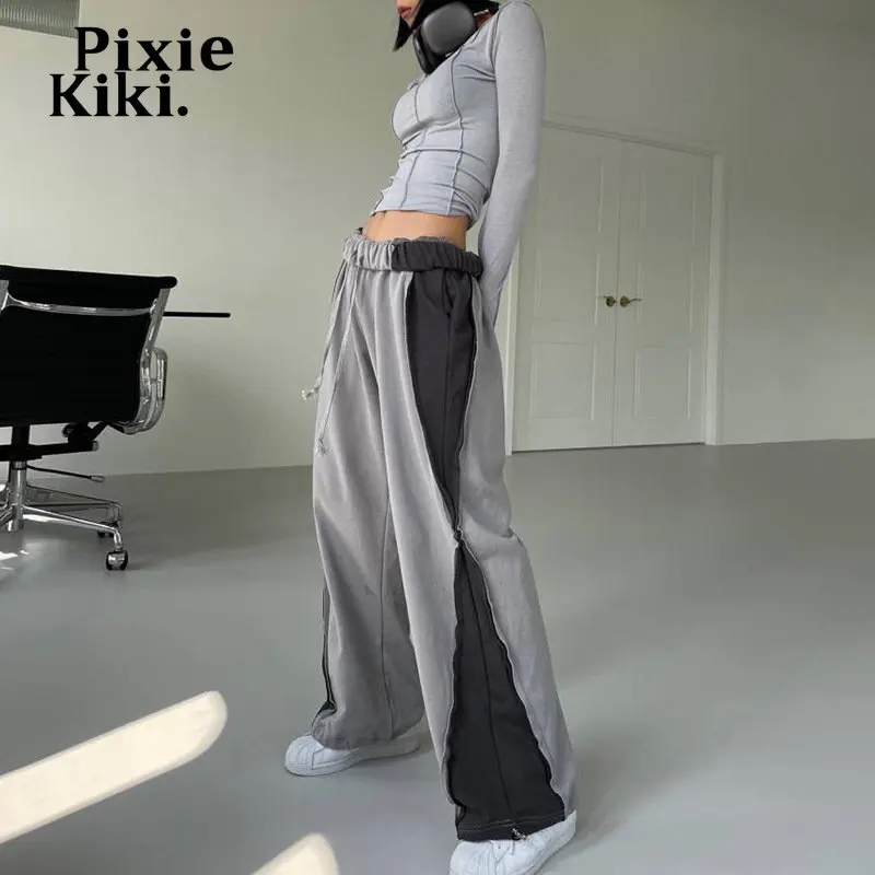 

PixieKiki Colorblock Sweatpants Elastic High Waist Womens Wide Leg Pants Streetwear Gray Joggers Casual Baggy Trousers P71-DG46