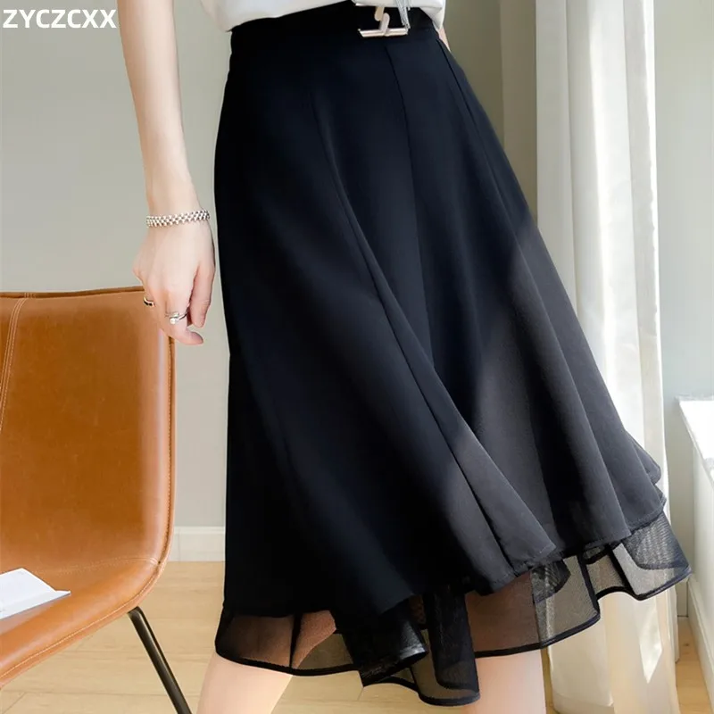 

ZYCZCXX Imitation Silk Women's Summer Dress Half Skirt Smooth Knee-length Skirt Loose Cool Fashion Half Skirt Women's New Model.