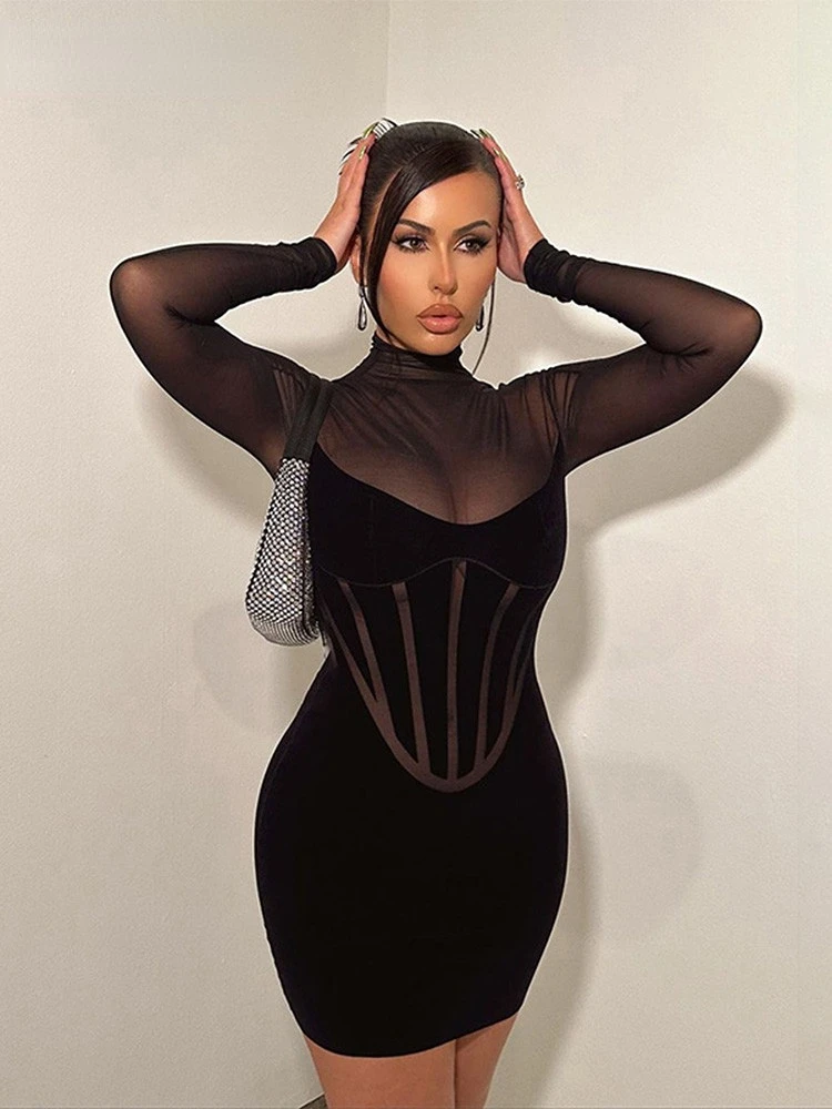 Женское Бархатное облегающее платье-мини с длинным рукавом и высоким воротником 
Женское Бархатное облегающее платье-мини с длинным рукавом и высоким воротником