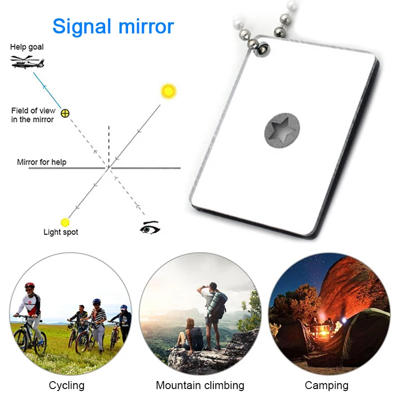 Многофункциональный портативный инструмент, отражатель сигнала для кемпинга, лупа дикого света, брелок для ключей, подвеска, зеркало для выживания 
Многофункциональный портативный инструмент, отражатель сигнала для кемпинга, лупа дикого света, брелок для ключей, подвеска, зеркало для выживания