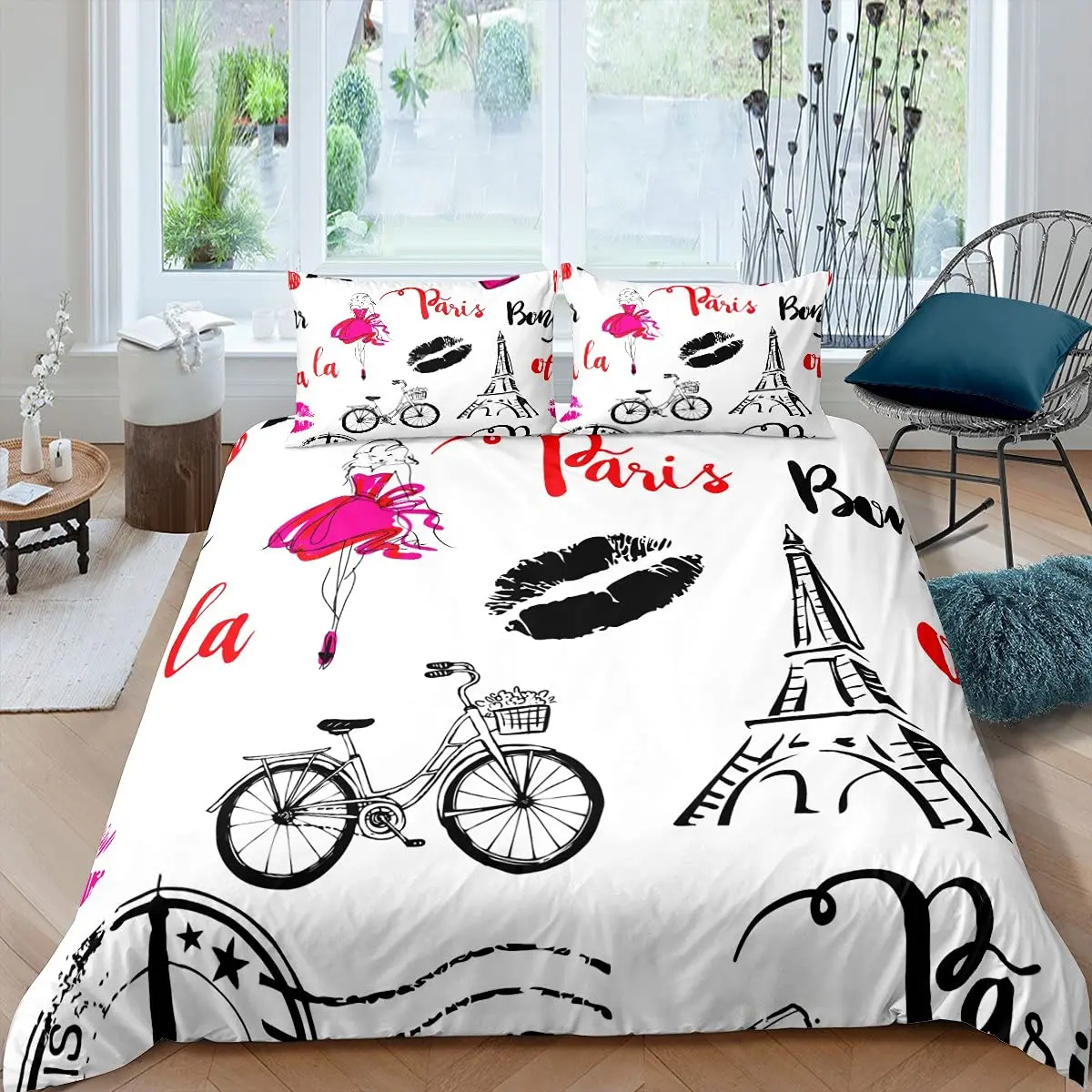 

Bedding Set Paris City Polyester Building Set for Girls France Urban Style Eiffel Tower Duvet Cover Set King Size Love Heart