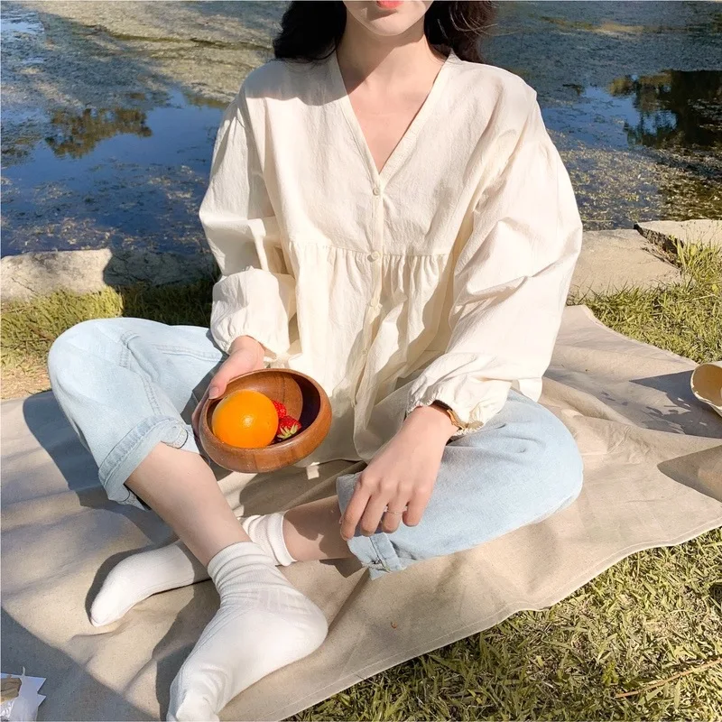 Janpan Korean Women Fall Long Sleeve T-Shirts Loose Vestidos Single Breasted V Neck Elegant Kawaii Cute Top Femme Mujer Casual
Janpan Korean Women Fall Long Sleeve T-Shirts Loose Vestidos Single Breasted V Neck Elegant Kawaii Cute Top Femme Mujer Casual