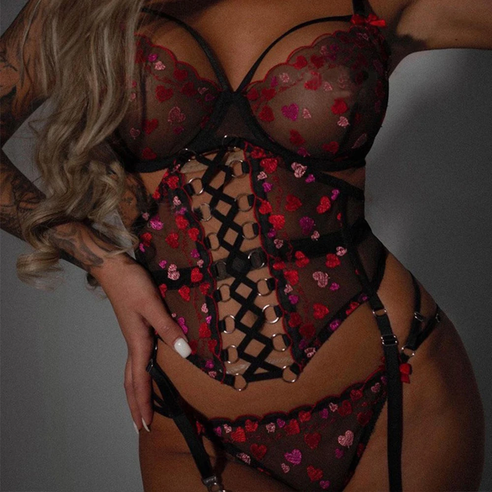 

Shein Romwe Bra And Panties For Women Sexy Heart Embroidery Sheer Mesh Lingerie Set Sexy Naughty Woman Outfit Very Hot