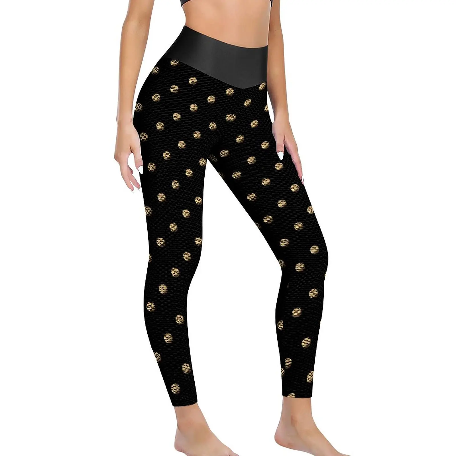 

Polka Dots Yoga Pants Black and Gold Fitness Leggings High Waist Stretchy Sports Tights Female Vintage Custom Yoga Legging Gift