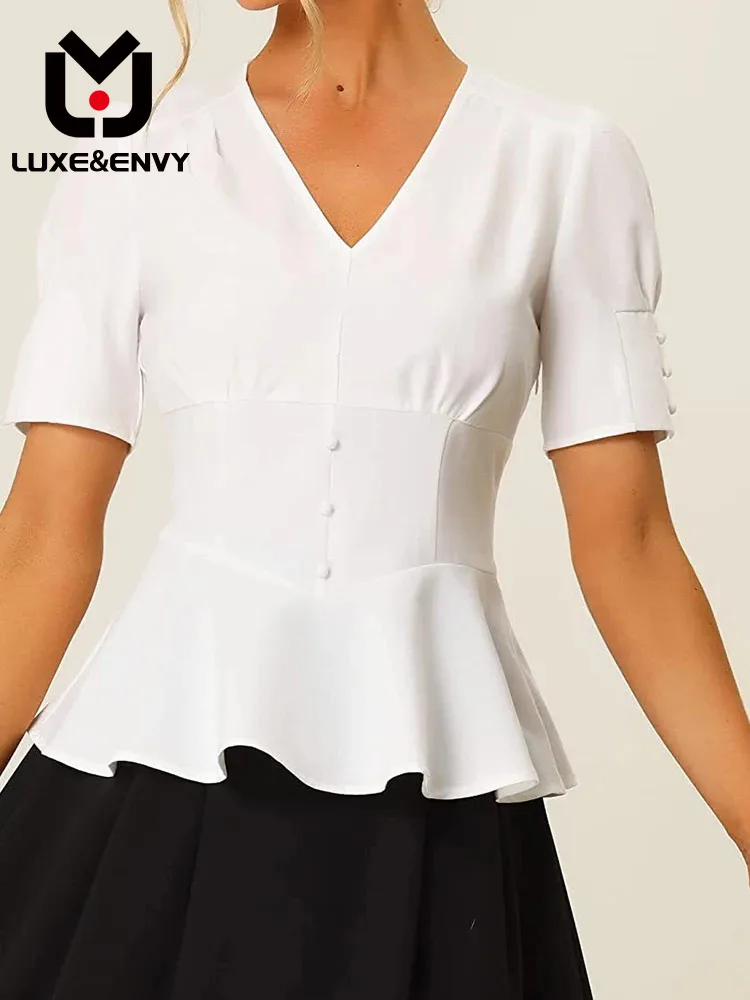 LUXE&ENVY 2023 Summer New V-neck Sweet Back Strap Slim Fit Ruffle Swing Short Sleeve Solid Color Women's Shirt Elegant Top 
LUXE&ENVY 2023 Summer New V-neck Sweet Back Strap Slim Fit Ruffle Swing Short Sleeve Solid Color Women's Shirt Elegant Top