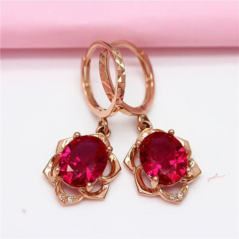 

585 Purple Gold Plated 14K Rose Gold Inlaid Ruby Flower earrings for women Luxury Dinner Party Wedding Fashion Jewelry