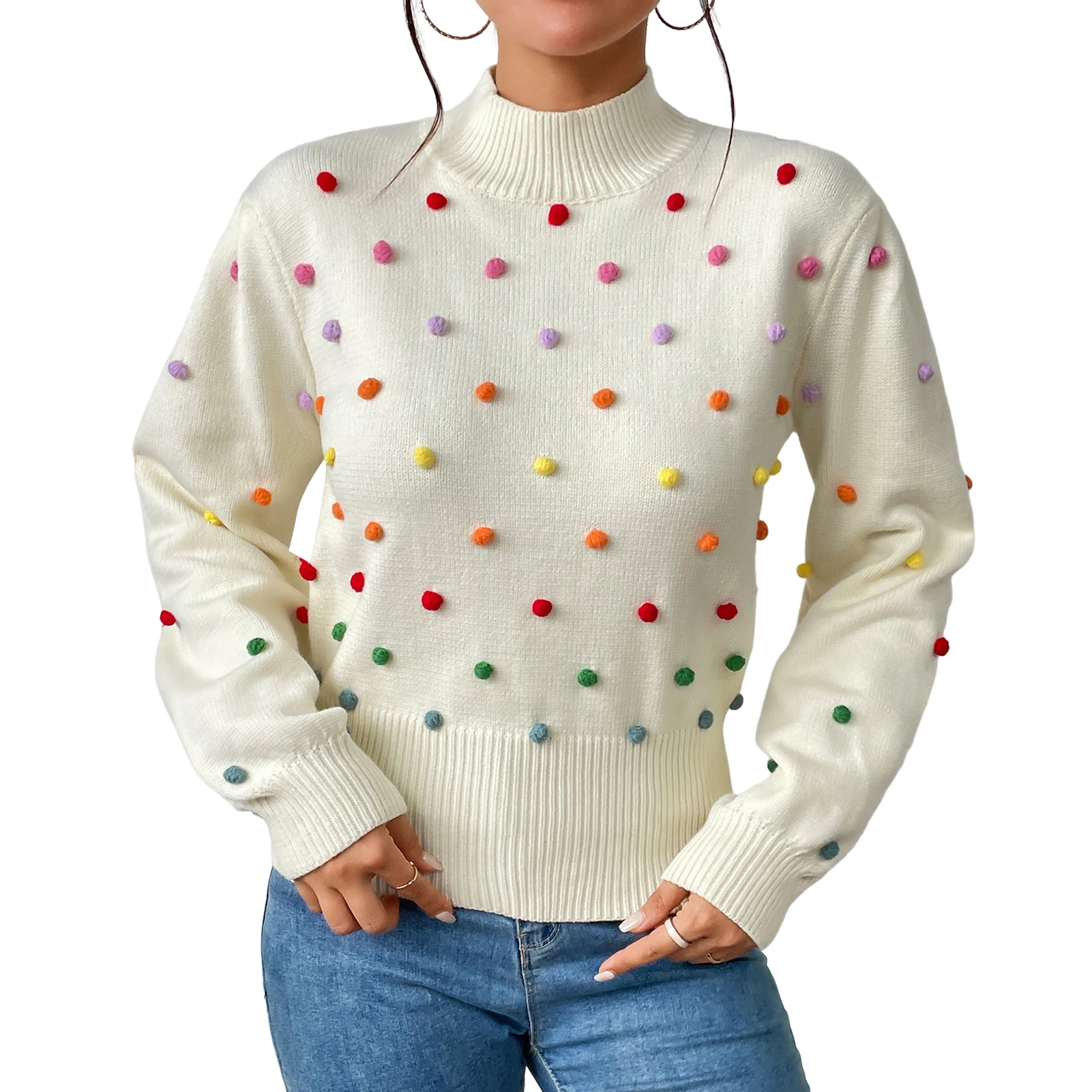 Повседневный легкий эластичный пуловер для женщин, однотонные топы с радужными помпонами, милый стильный свитер с длинными рукавами, универсальные повседневные наряды 
Повседневный легкий эластичный пуловер для женщин, однотонные топы с радужными помпонами, милый стильный свитер с длинными рукавами, универсальные повседневные наряды