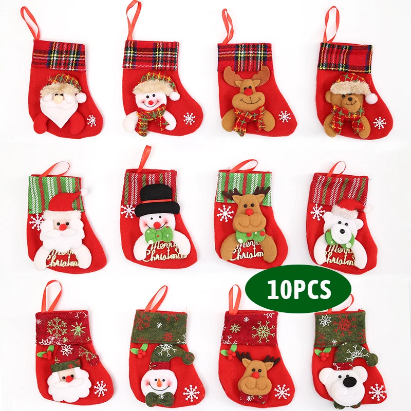 

Cute Christmas Stockings 10pcs Christmas Tree Decoration Candy Gift Bag Snowman Santa Claus Elk Bear Navidad Socks Xmas Present