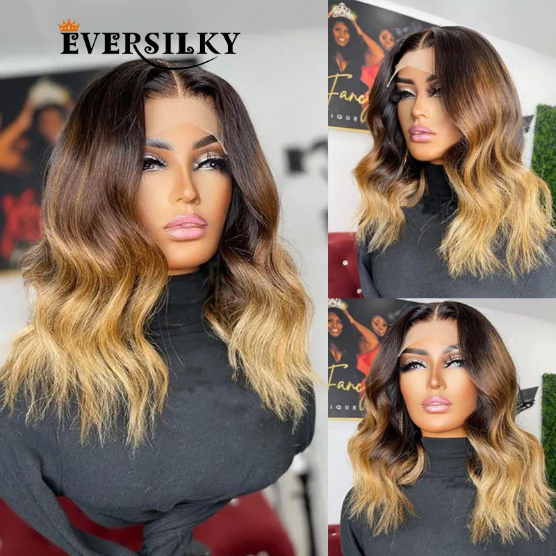

Pre Plucked 360 Lace Frontal Human Hair Wigs for Women Ombre 3T Dark Roots Wavy Honey Blonde Glueless Bob Wigs 150Density Remy