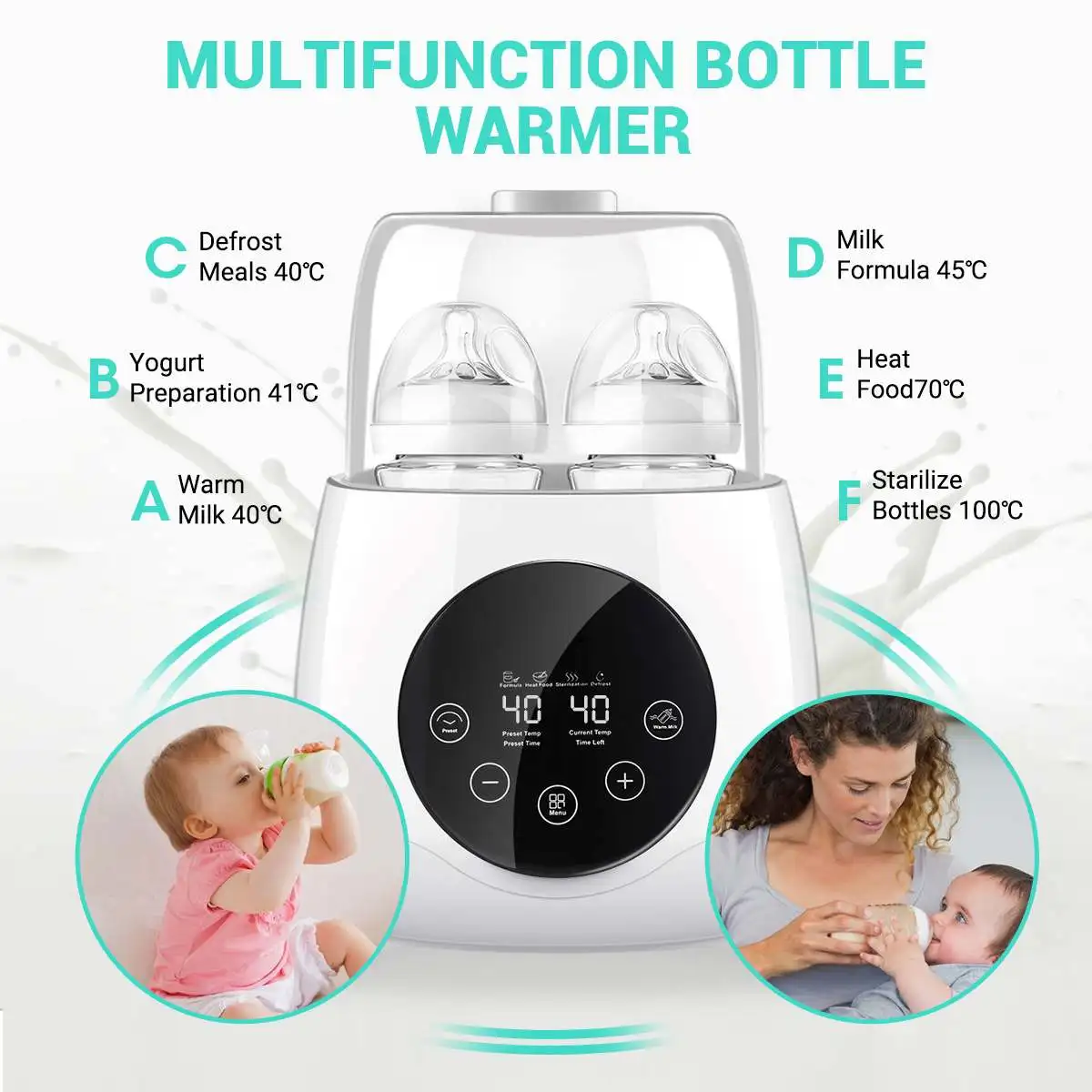 6-in-1 Baby Bottle Warmer Double Bottle Baby Food Heater for Evenly Warm Breast Milk LED Panel Control Real-time Display
6-in-1 Baby Bottle Warmer Double Bottle Baby Food Heater for Evenly Warm Breast Milk LED Panel Control Real-time Display
