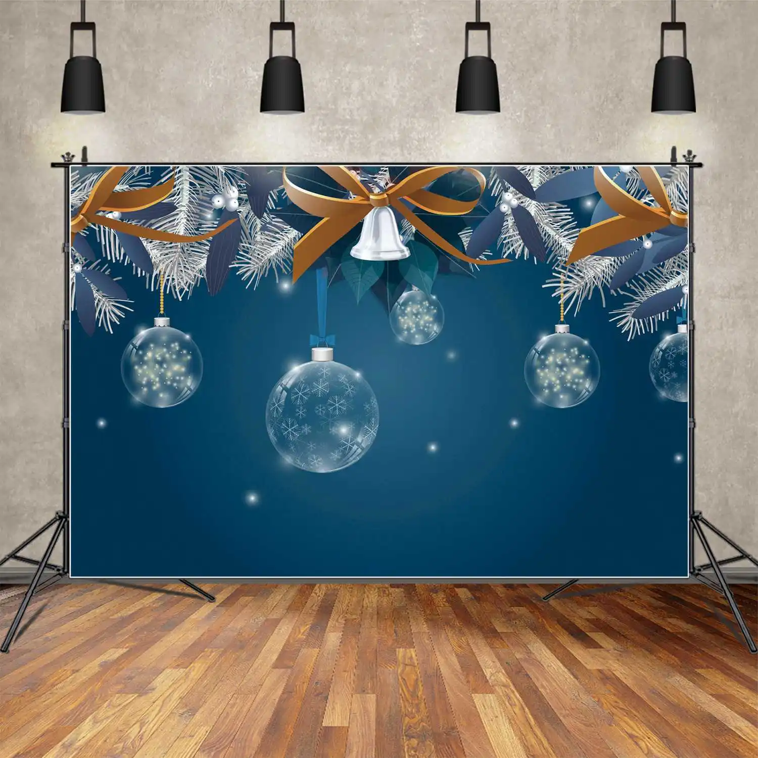 

MOON.QG Backdrop Merry Christmas Blue Snowflake Ball Banner Background Gold Bowknot Silver Leaves Decor Party Photo Booth Props