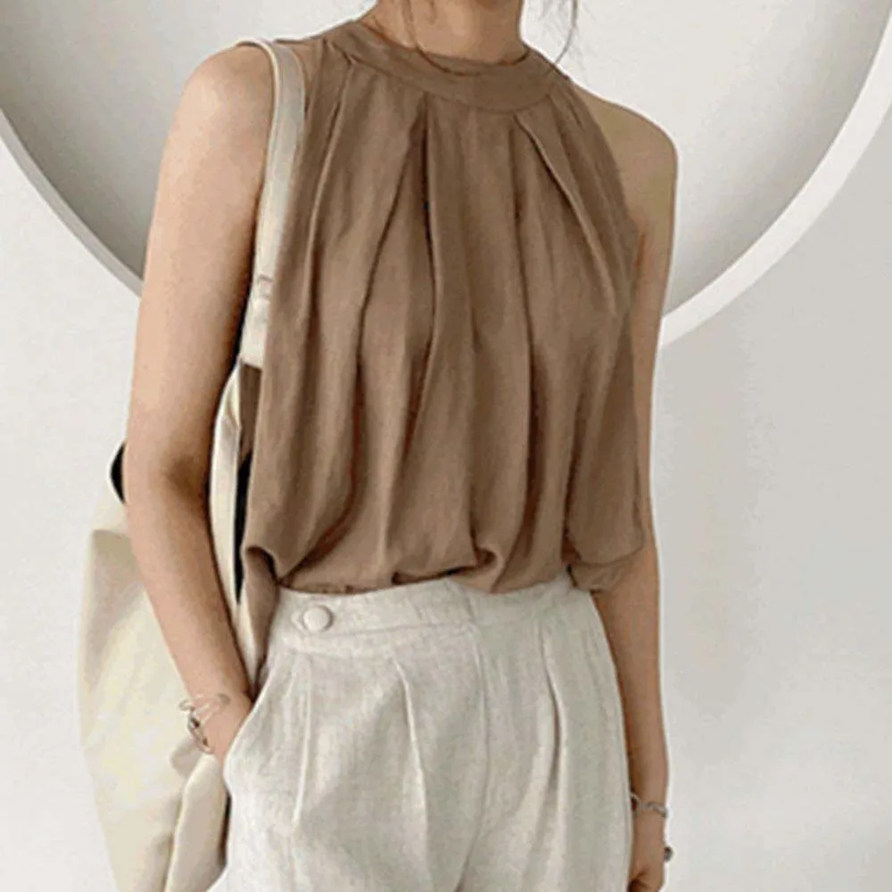 Blouse Sleeveless Halterneck Vest Shirt Women Commuter Shirt Loose Pleated Korea Elegant Chic 2022 Summer New Ladies Top
Blouse Sleeveless Halterneck Vest Shirt Women Commuter Shirt Loose Pleated Korea Elegant Chic 2022 Summer New Ladies Top