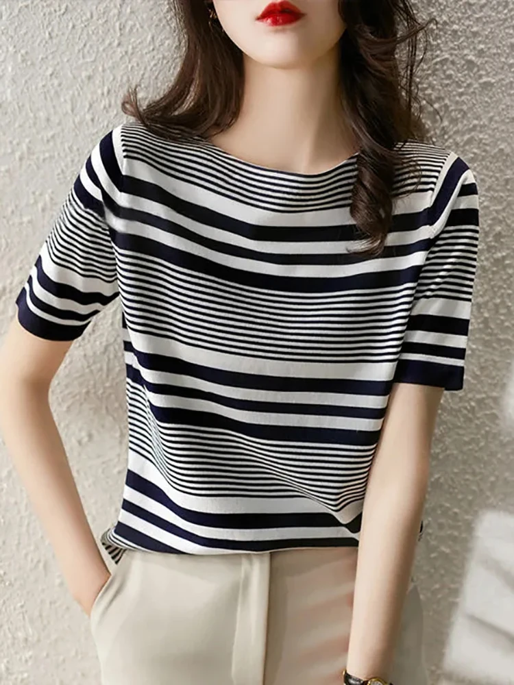 T Shirts Women Striped Basic Knitting Tops Female O Neck Loose Thin Tee Shirt Femme Short Sleeve All-Match Summer Fashion Tshirt
T Shirts Women Striped Basic Knitting Tops Female O Neck Loose Thin Tee Shirt Femme Short Sleeve All-Match Summer Fashion Tshirt
