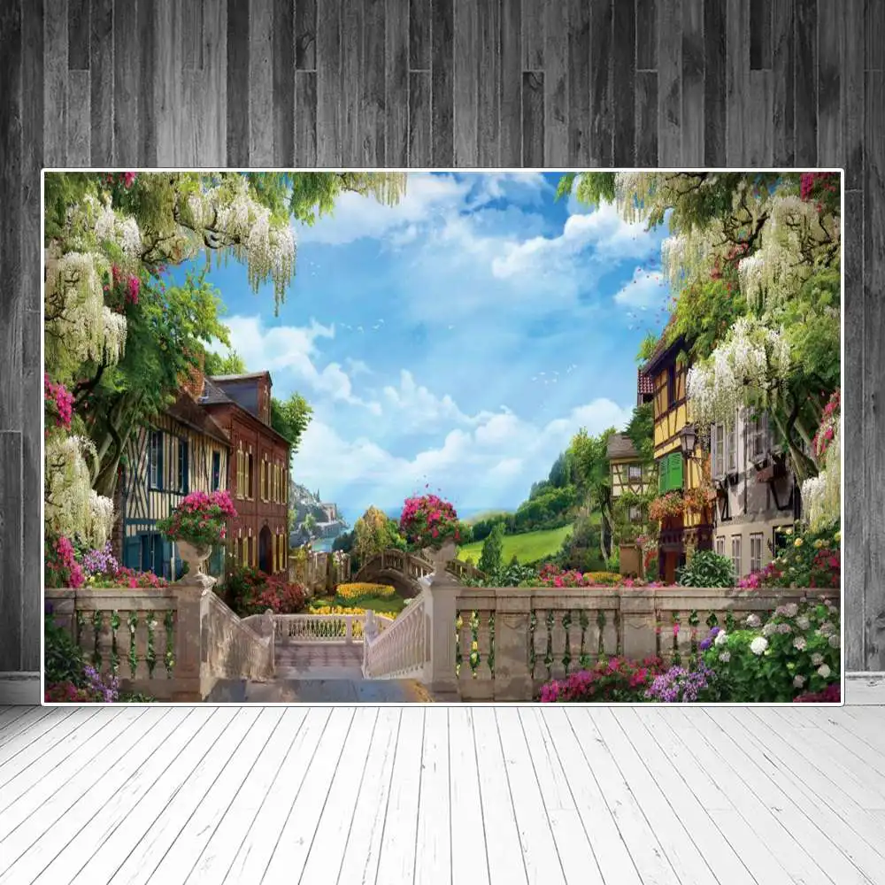 

Seaside Mountain Town Garden Scenic Photography Backdrops House Buildings Floral Tree Stair Bridge Decoration Photo Backgrounds