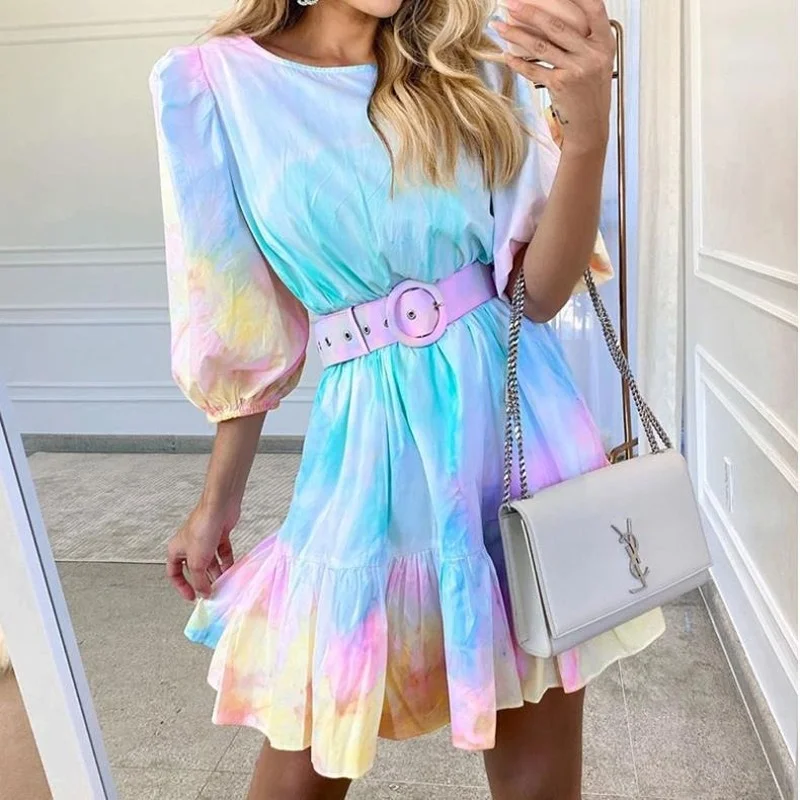 2021 Fashion Lady Casual Dresses O-Neck Tie Dye Long Ruffle Puff Sleeve Women Dress with Belt Nightclub Summer Vestido Elegang
2021 Fashion Lady Casual Dresses O-Neck Tie Dye Long Ruffle Puff Sleeve Women Dress with Belt Nightclub Summer Vestido Elegang