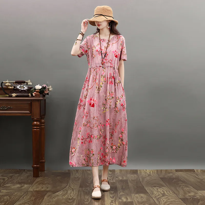 Printed Pullover Round Neck Cotton Linen Dress Comfortable and Breathable Skirt 
Printed Pullover Round Neck Cotton Linen Dress Comfortable and Breathable Skirt