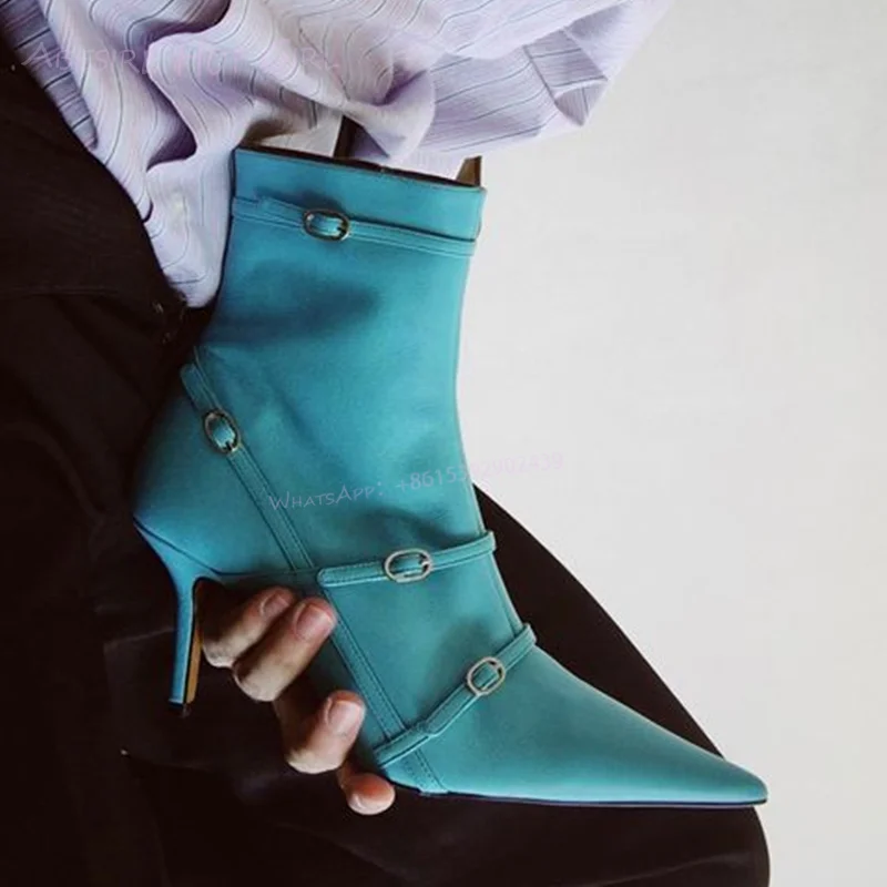 

Небесно-Голубые короткие ботинки с пряжкой, Женские Зеленые кожаные простые розовые ботильоны с острым носком и боковой молнией, джинсовые ботинки, искусственная кожа