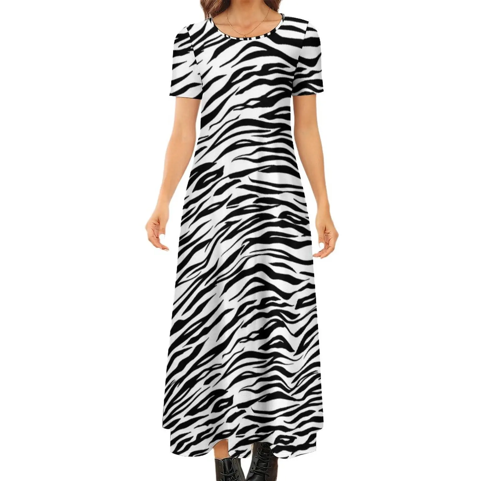 

Черно-белое платье-Зебра, современное Макси-Платье с животным принтом, женские длинные пляжные платья большого размера в уличном стиле Бохо с коротким рукавом