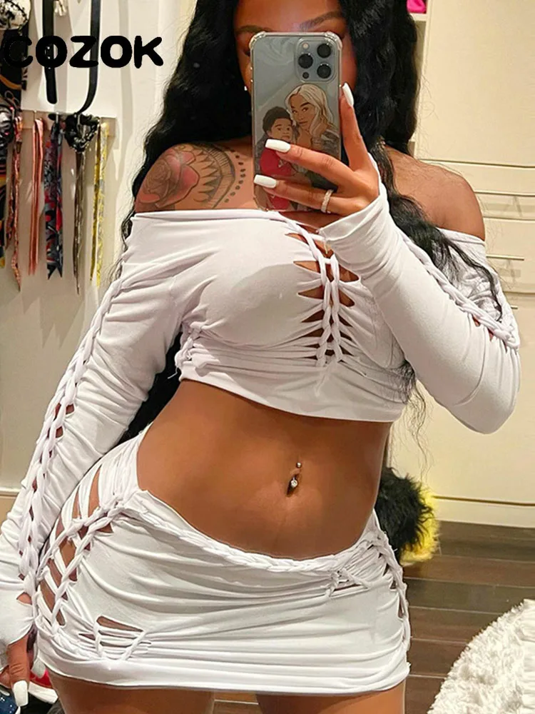 Sexy Skirts Two Piece Set Women Outfits Y2K Long Sleeve Hollow Out Crop Top+Skinny Low Waist Skirt Party Club Clothes Streetwear
Sexy Skirts Two Piece Set Women Outfits Y2K Long Sleeve Hollow Out Crop Top+Skinny Low Waist Skirt Party Club Clothes Streetwear